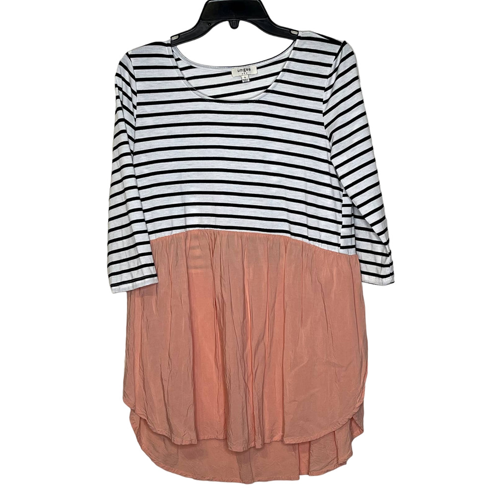 Umgee Tunic Top Size Small White Navy Striped Pink Bottom Cotton Blend Womens